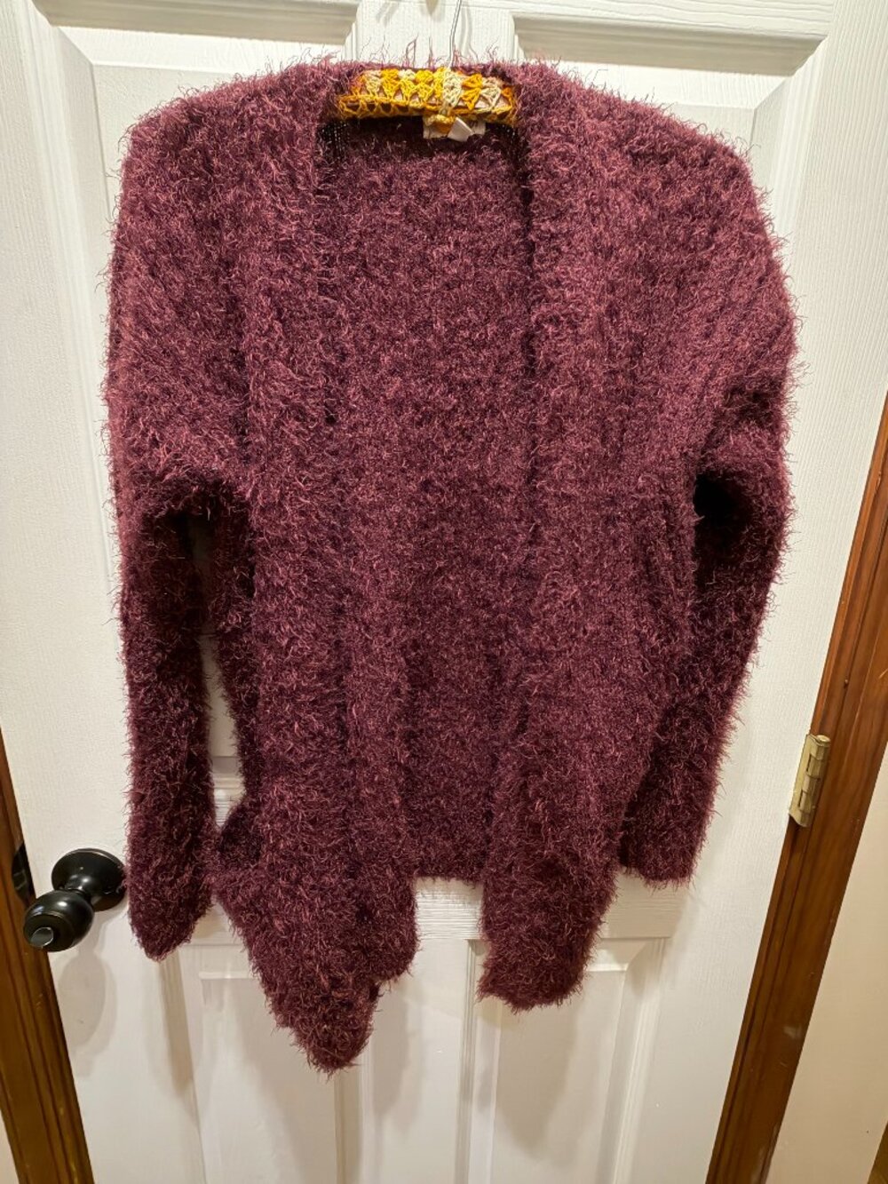 SO Burgundy Fuzzy Eyelash Shag Open Front Cardigan - Size S